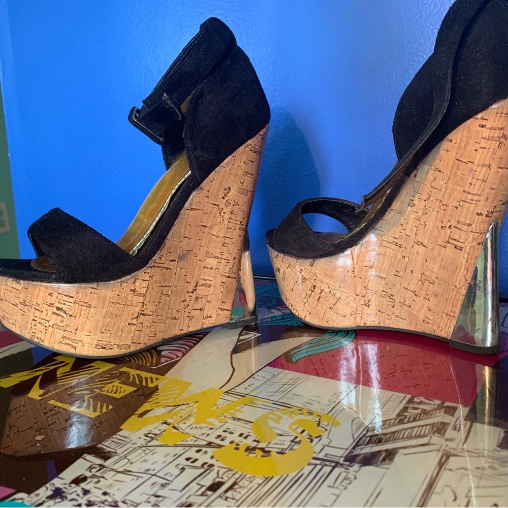 Black Wedge Sandals with Cork and Metallic Accented Heel